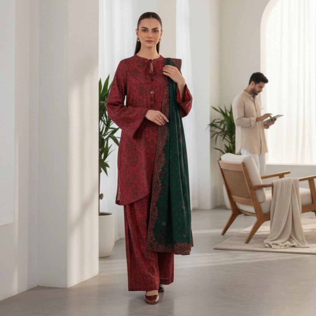 Women’s Unstitch Maroon Printed 3-Piece Suit with Green Dupatta