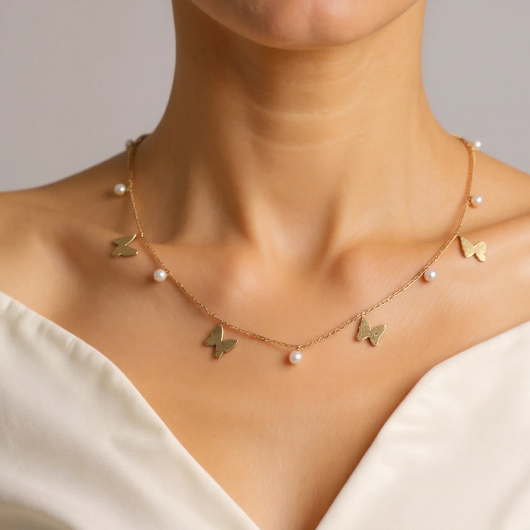 Gold Butterfly Necklace with Pearls