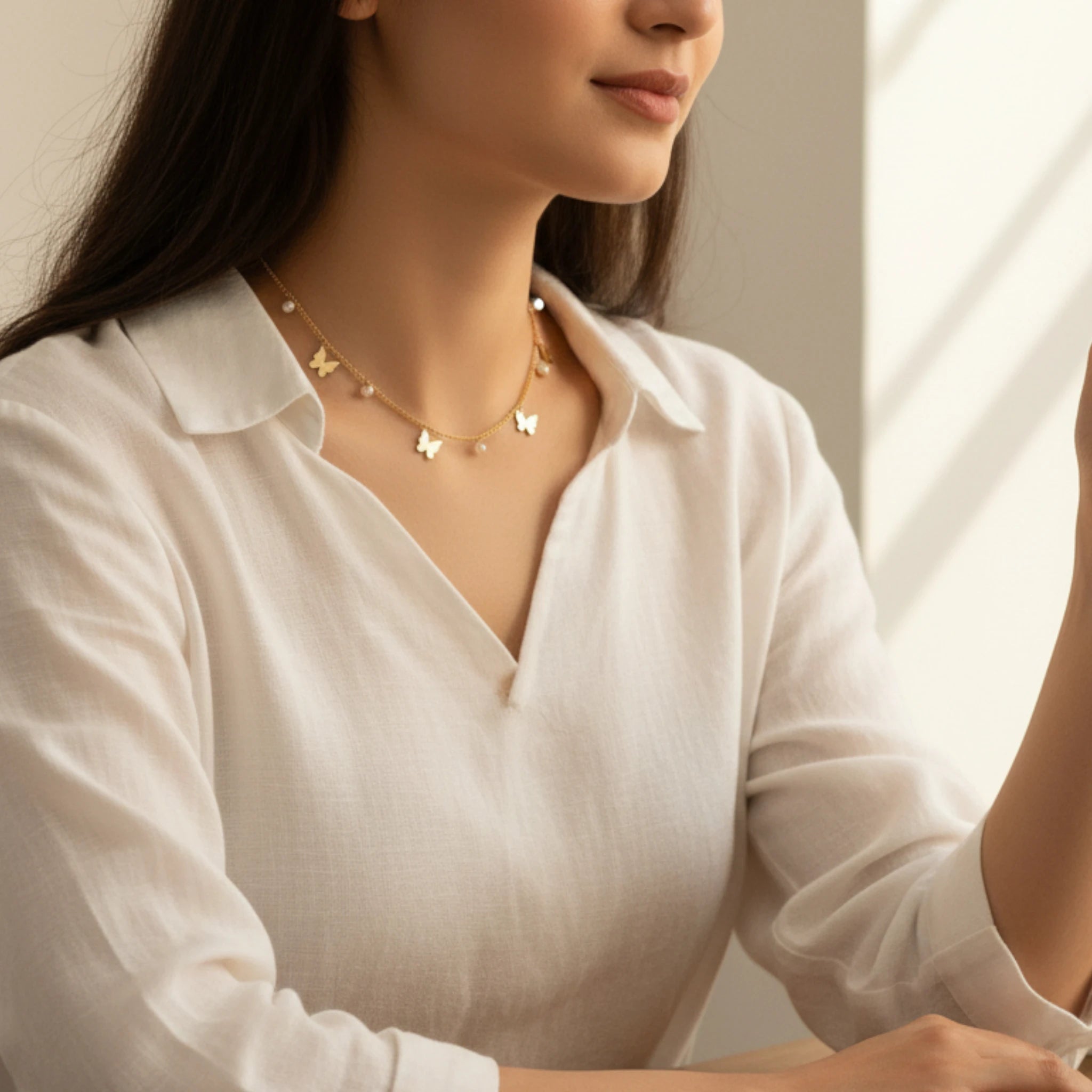 Gold Butterfly Necklace with Pearls