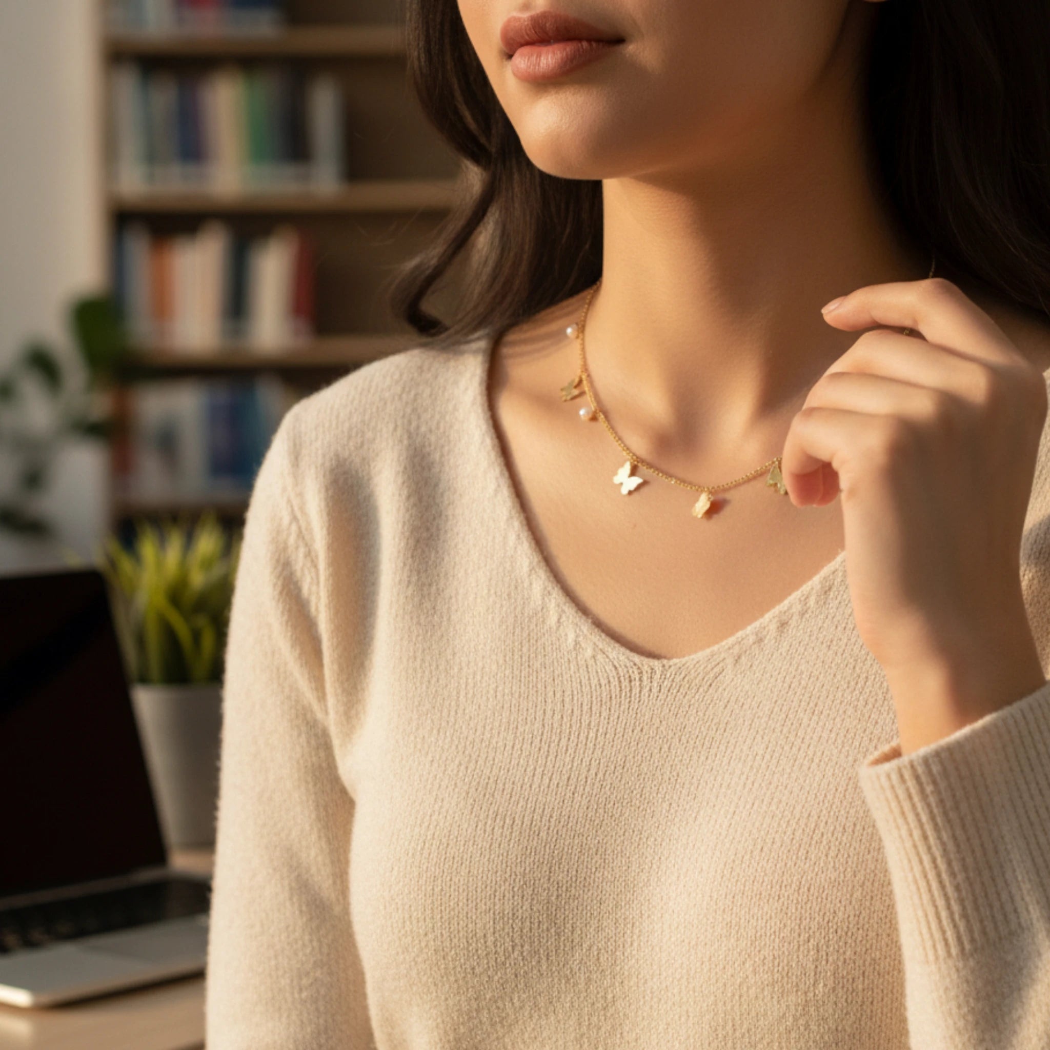 Gold Butterfly Necklace with Pearls
