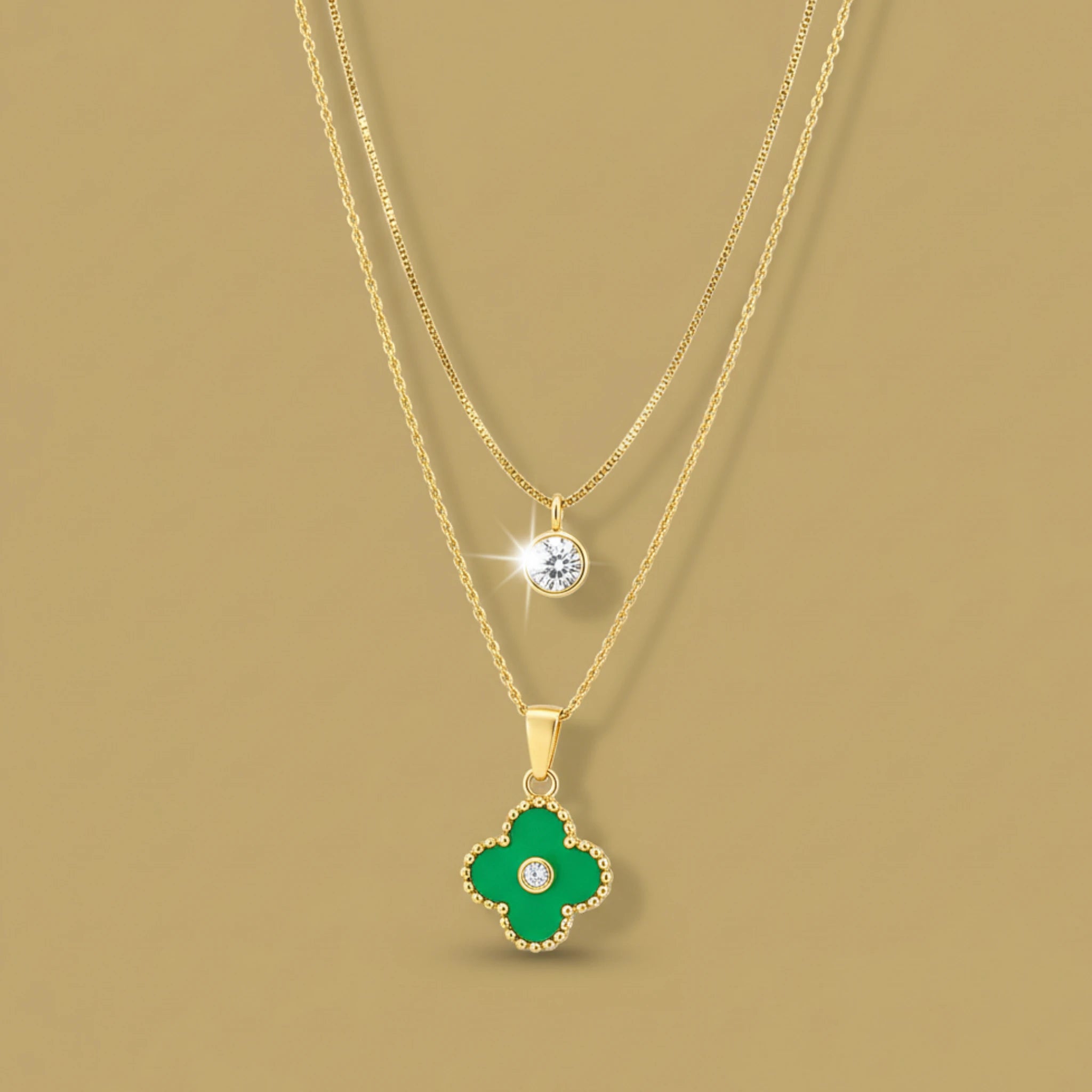 Gold Layered Necklace with Green Clover Pendant