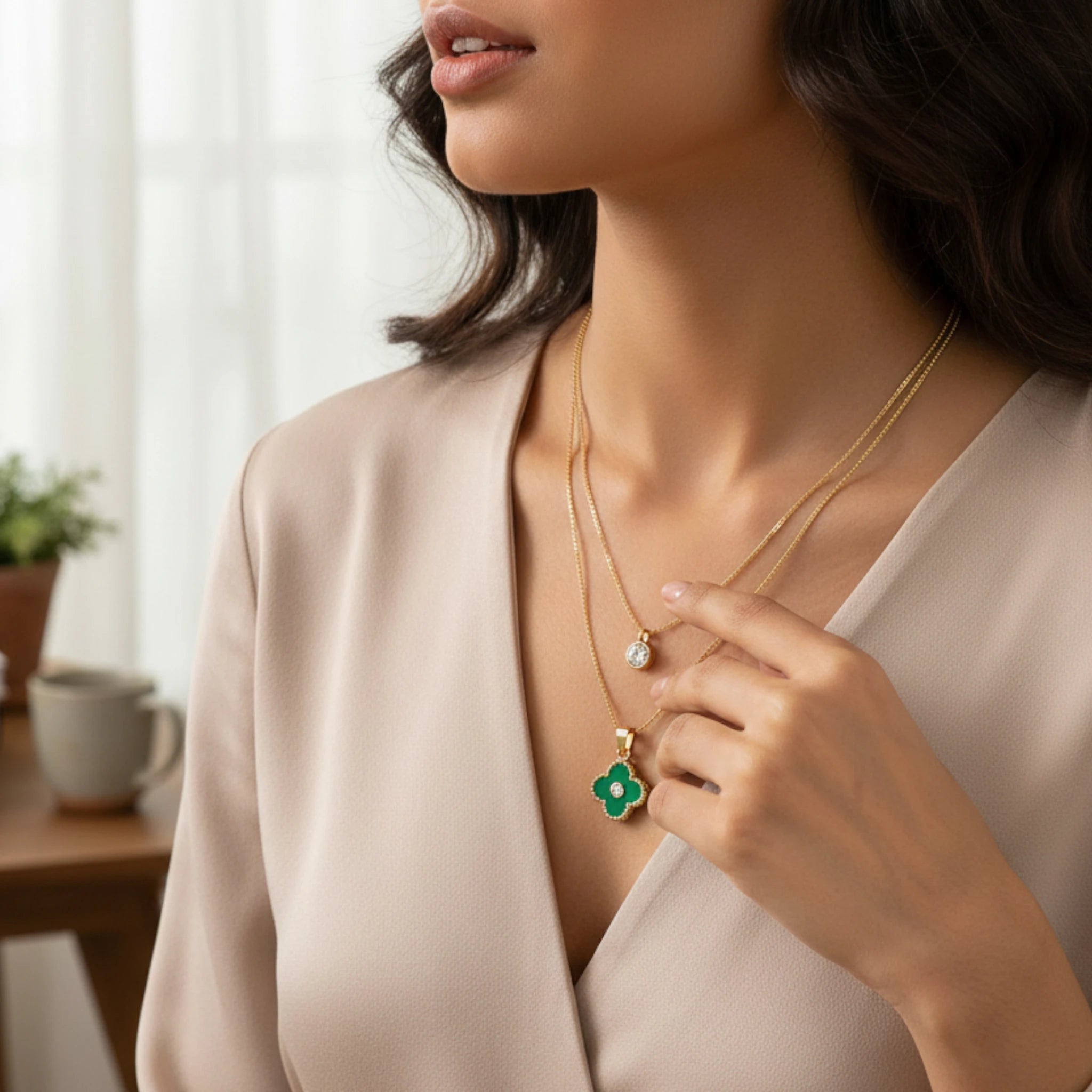 Gold Layered Necklace with Green Clover Pendant