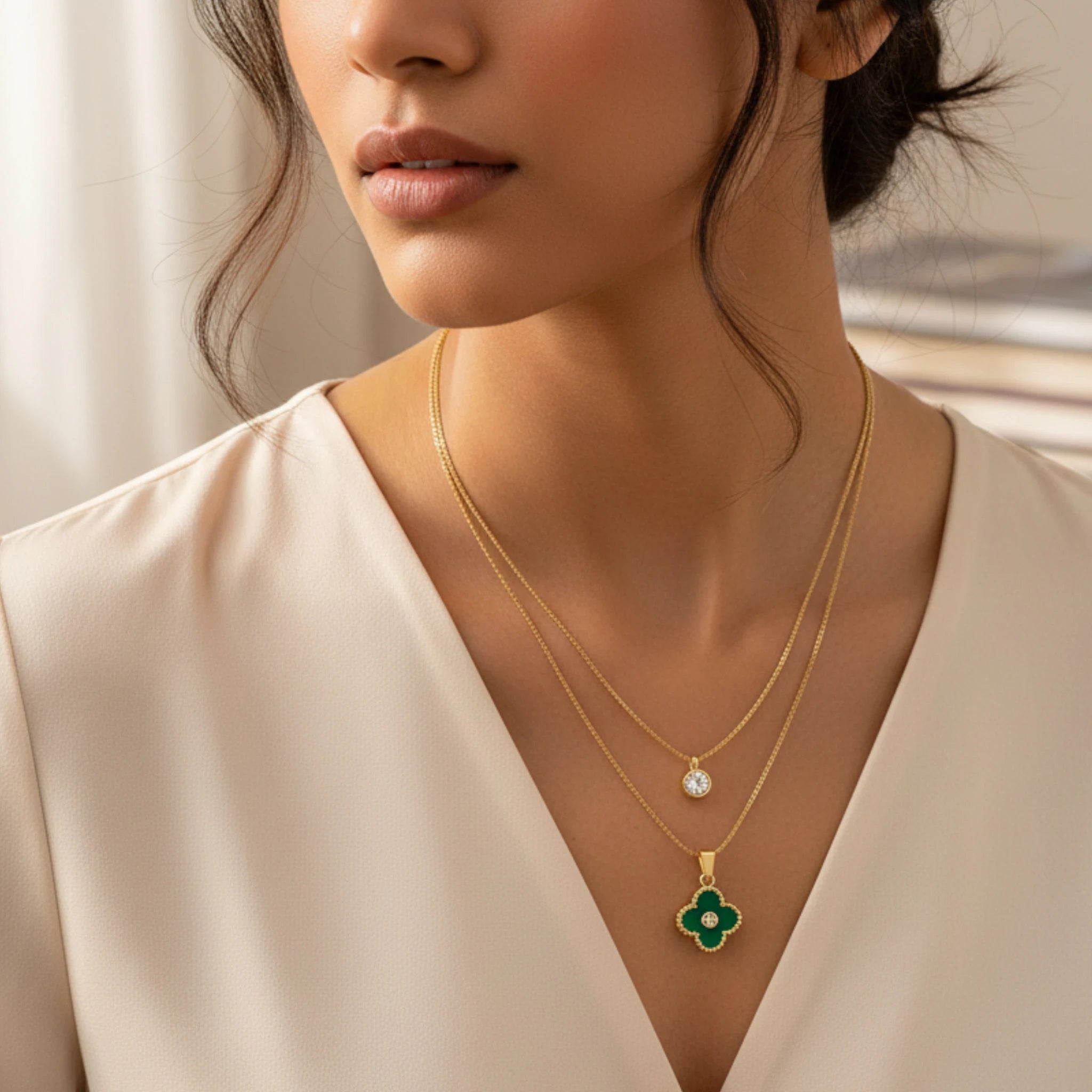 Gold Layered Necklace with Green Clover Pendant