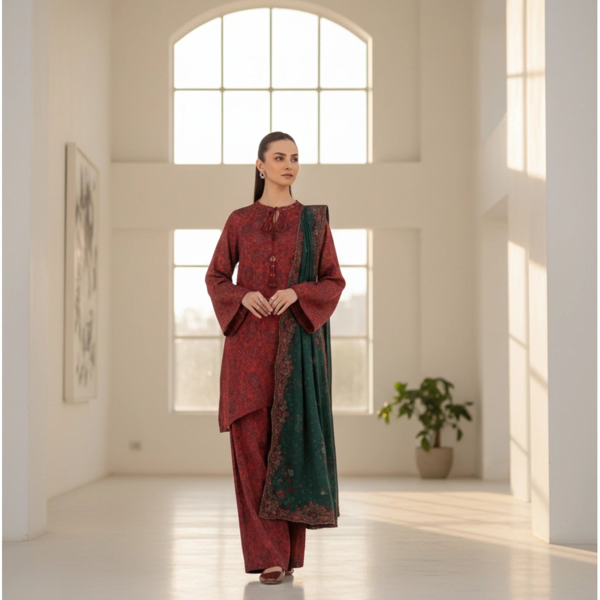 Women’s Unstitch Maroon Printed 3-Piece Suit with Green Dupatta