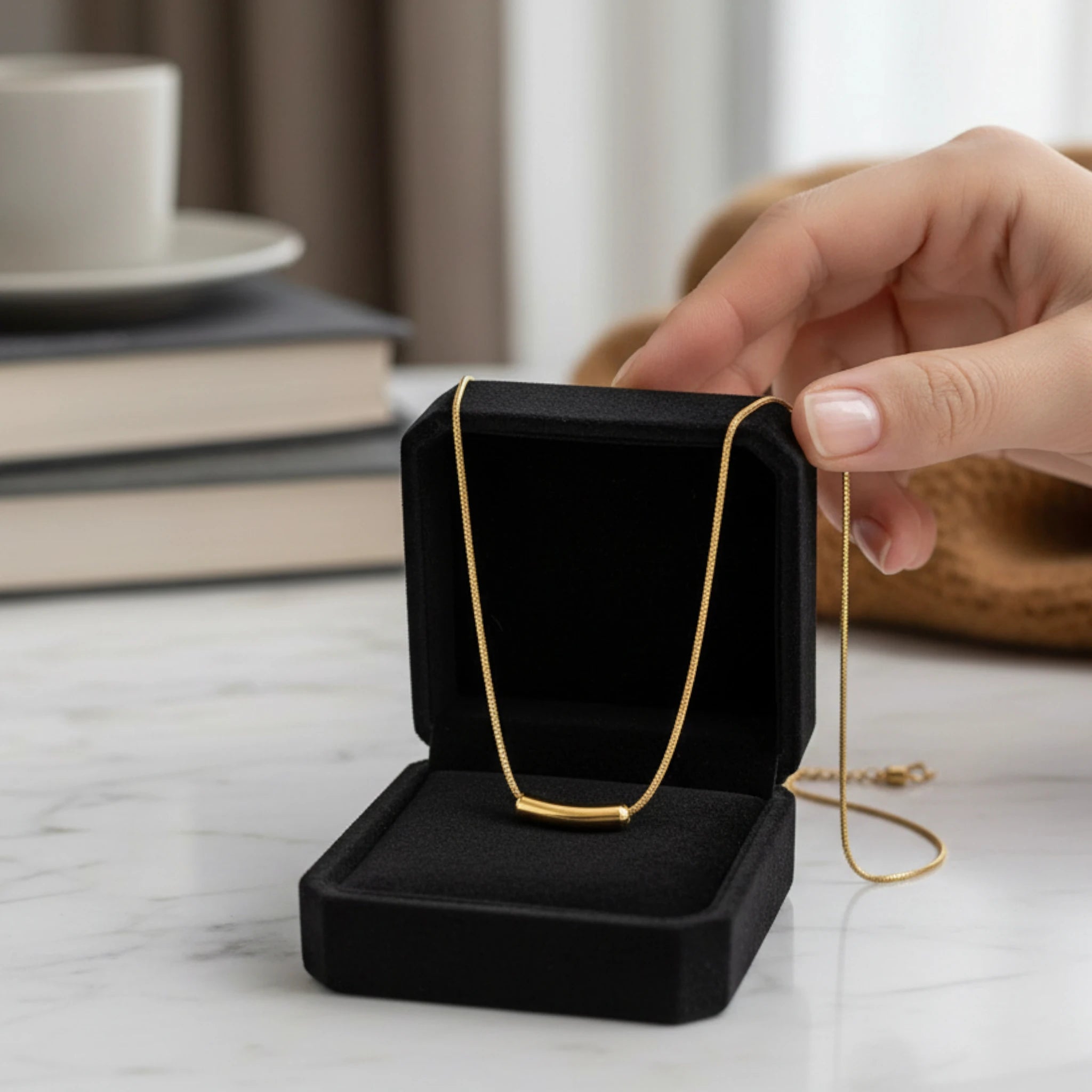 Minimalist Gold Bar Necklace with Snake Chain Design