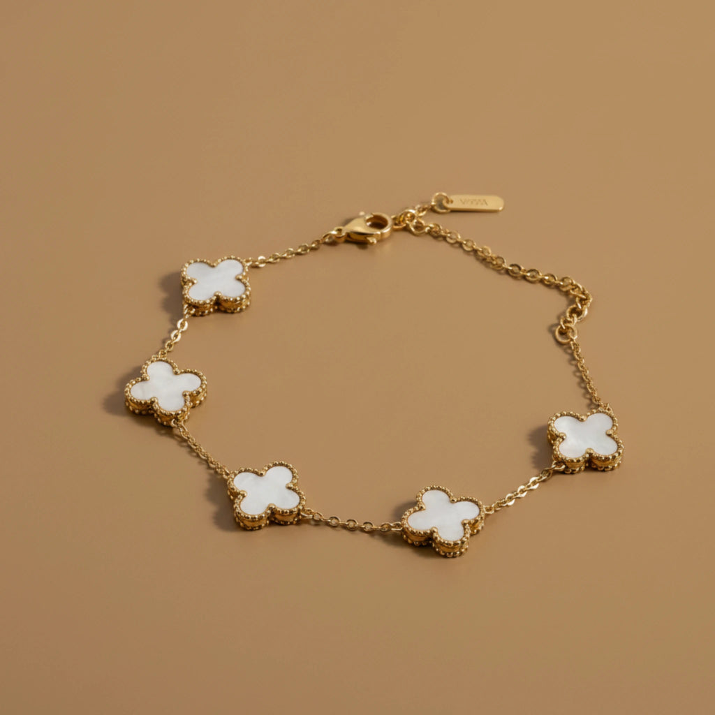 Gold Clover Charm Bracelet with White Inlay Accents