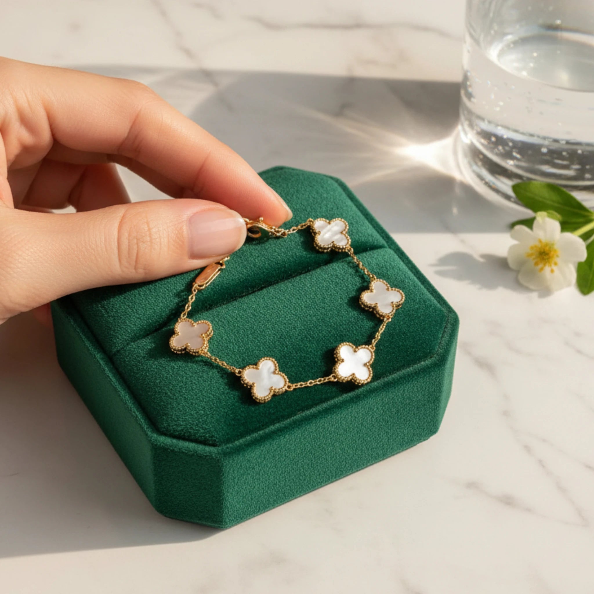 Gold Clover Charm Bracelet with White Inlay Accents