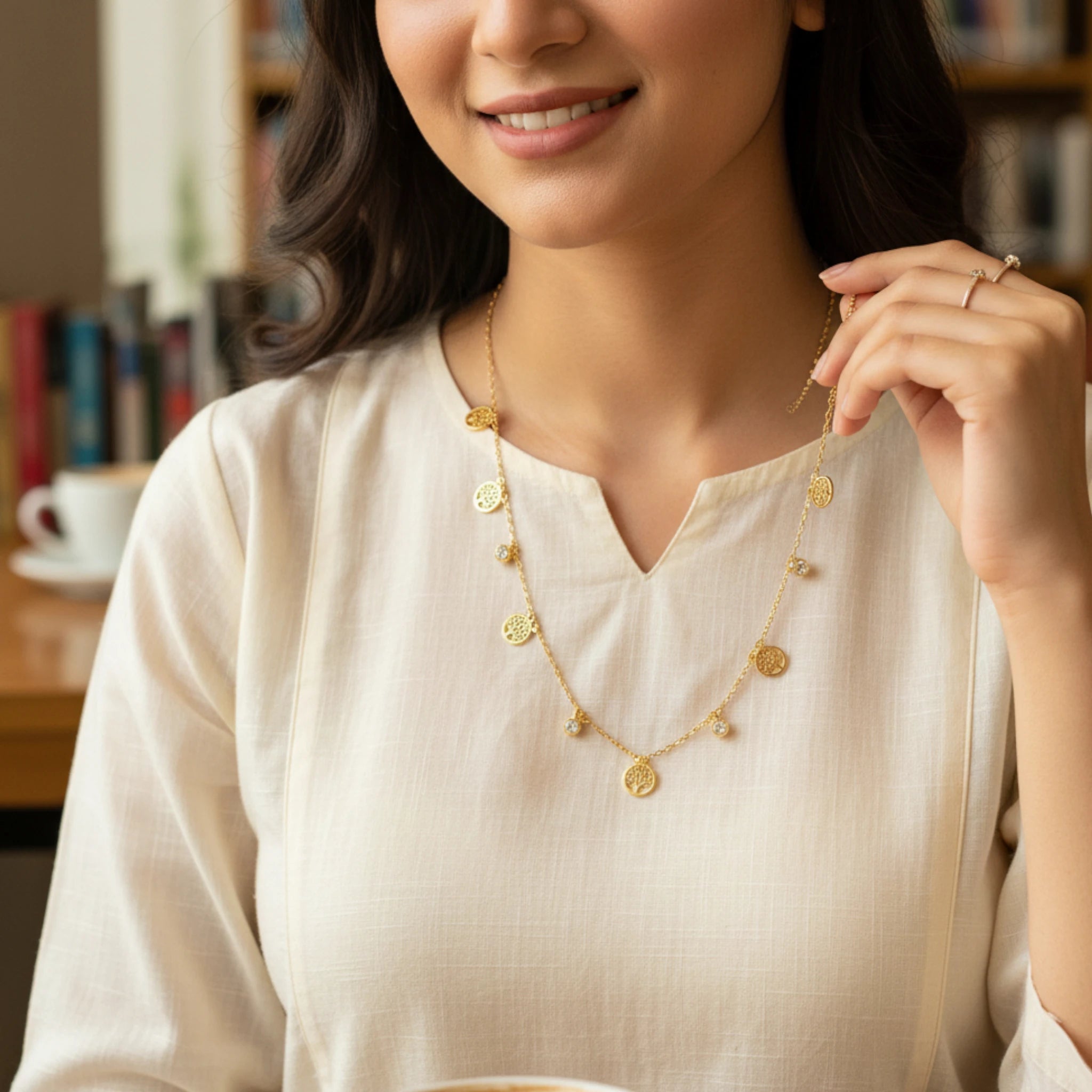 Delicate Gold Tree of Life Charm Necklace with CZ Accents